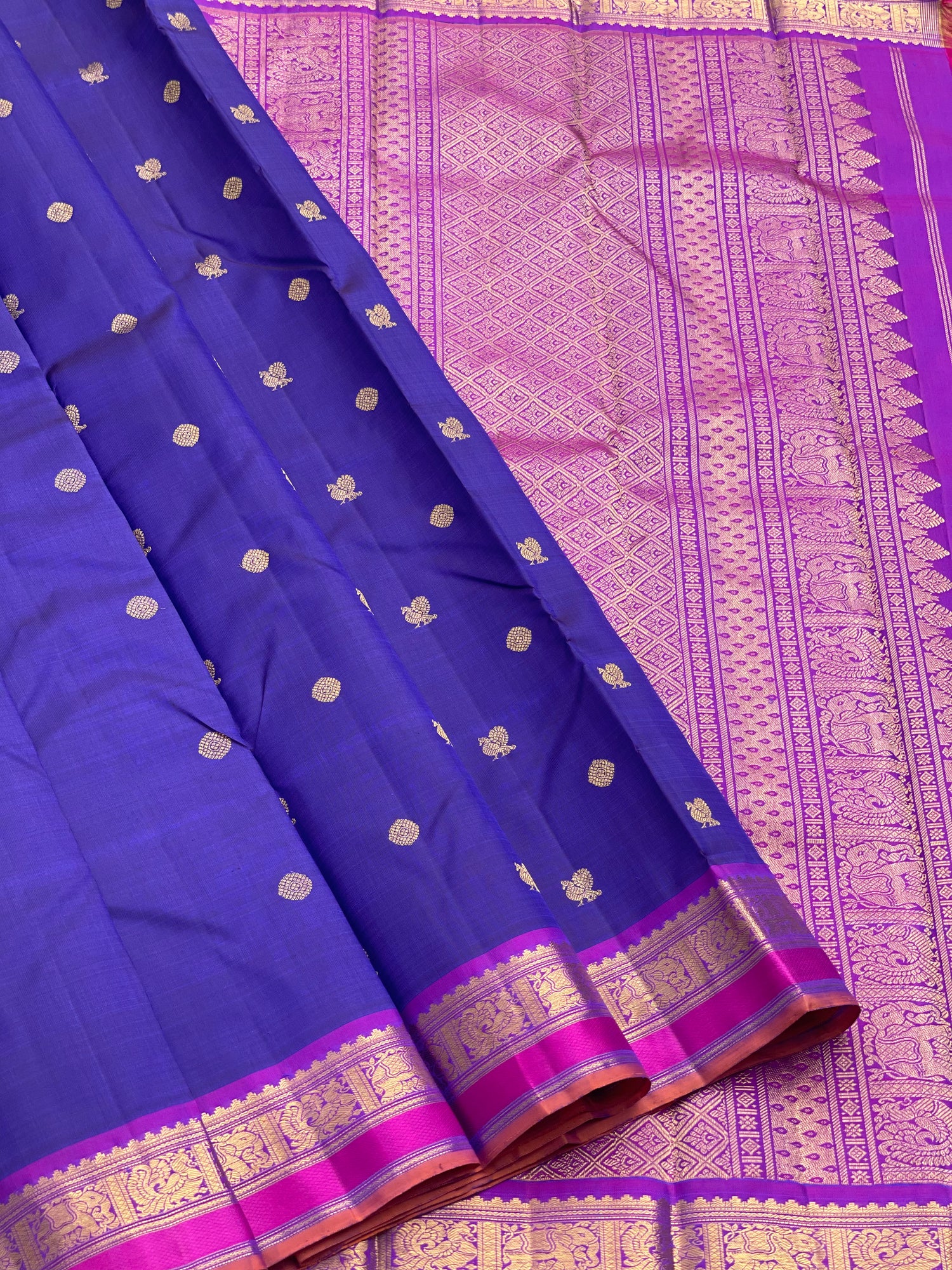 Purple Blue Kanchivaram Silk Saree with Annam Kamalam Buttas