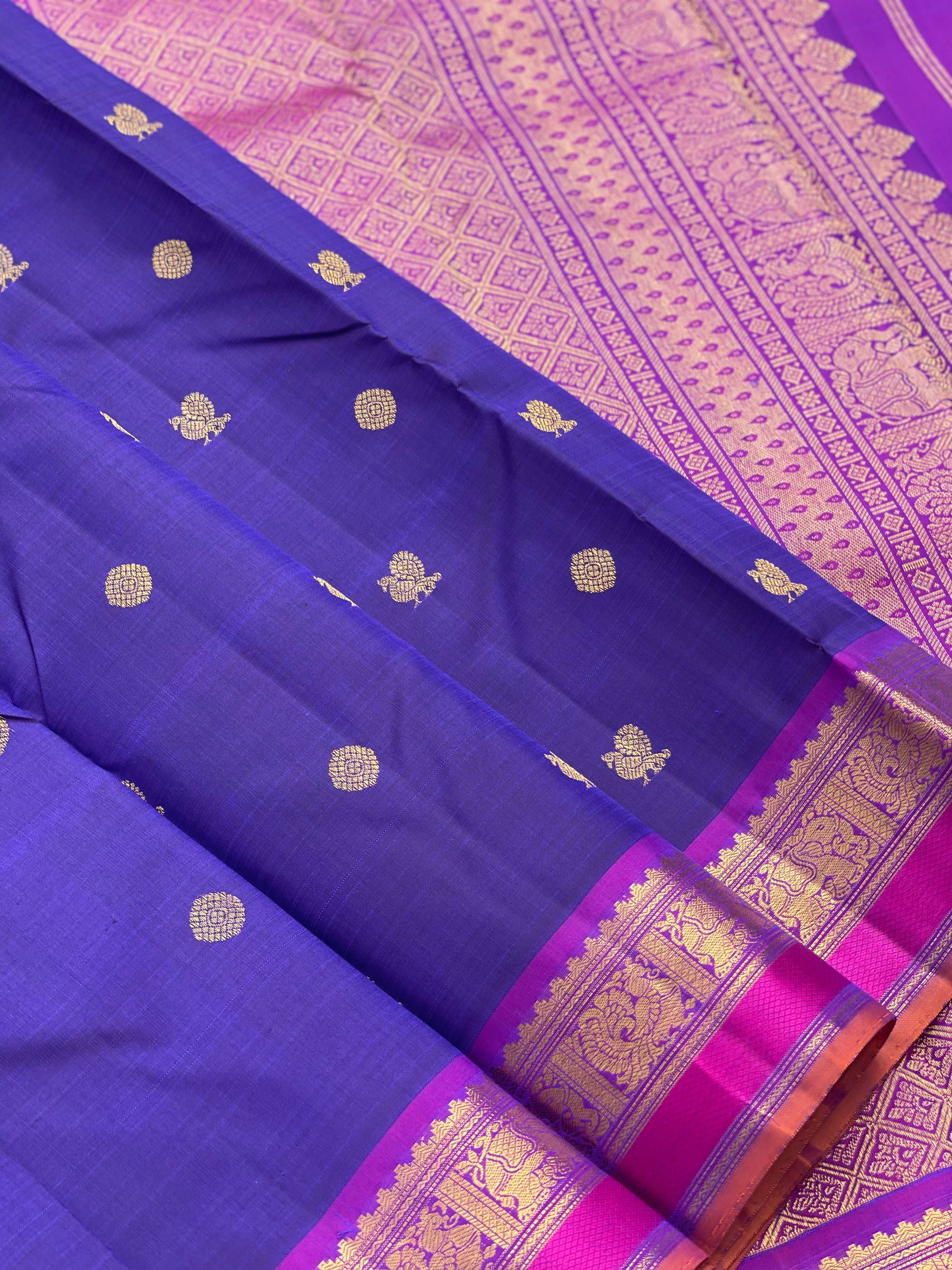 Purple Blue Kanchivaram Silk Saree with Annam Kamalam Buttas