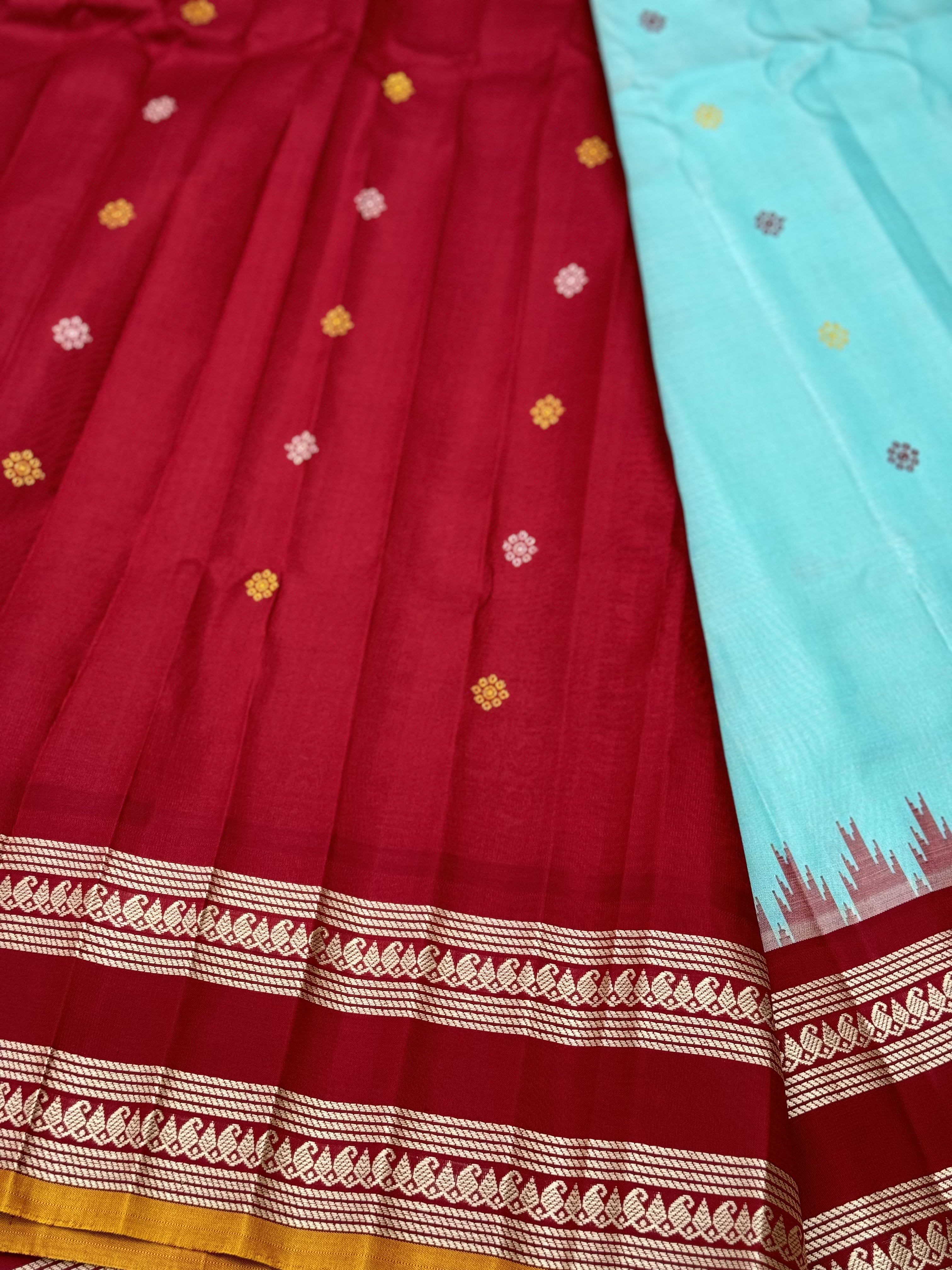 APURVA - Handwoven Threadwork Gadwal silk saree in shagreen with deep red