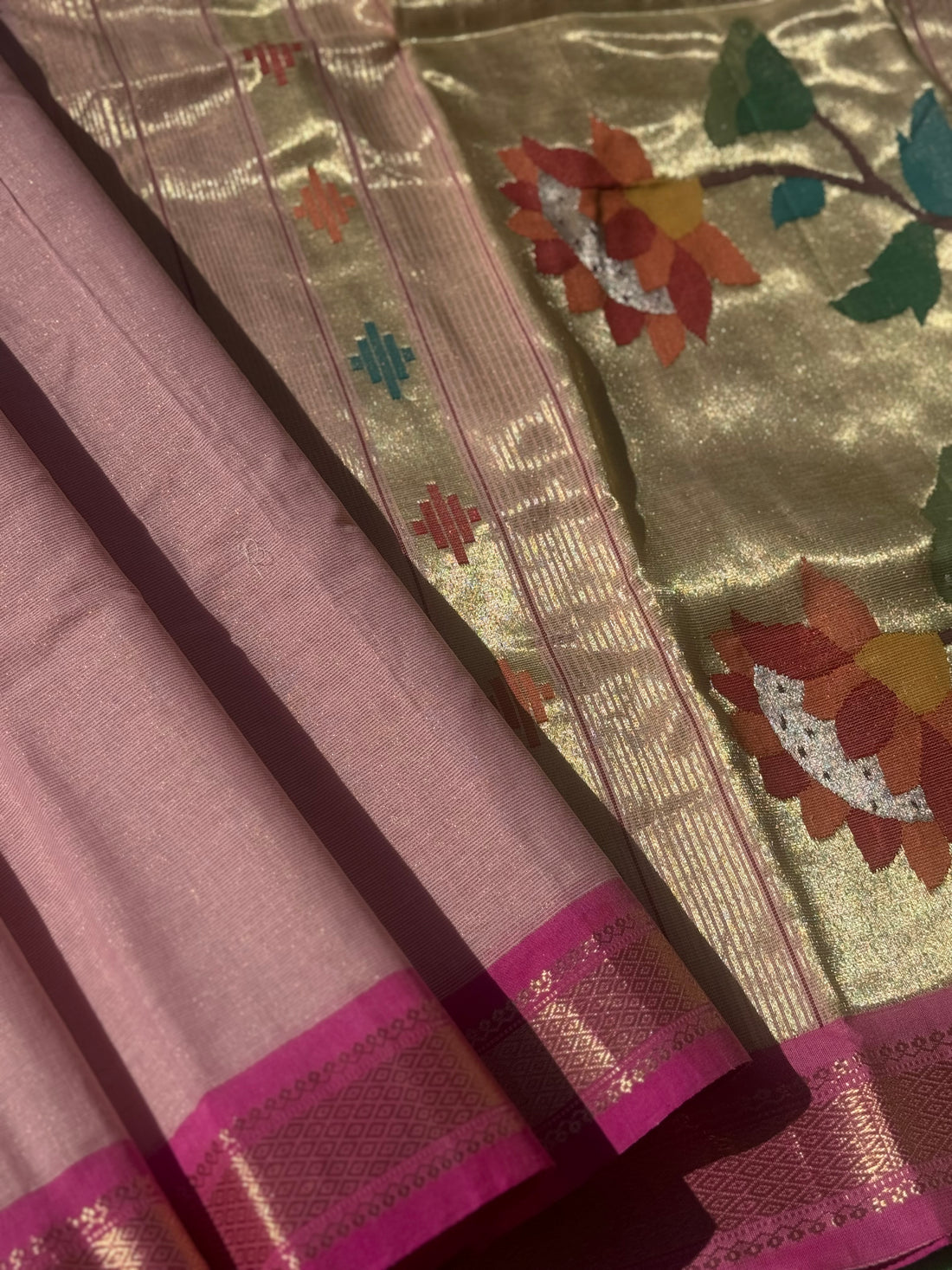 Baby Pink Paithani Cotton Saree With Zaristripes Body Tissue Paithani Pallu kadiyal Border Saree