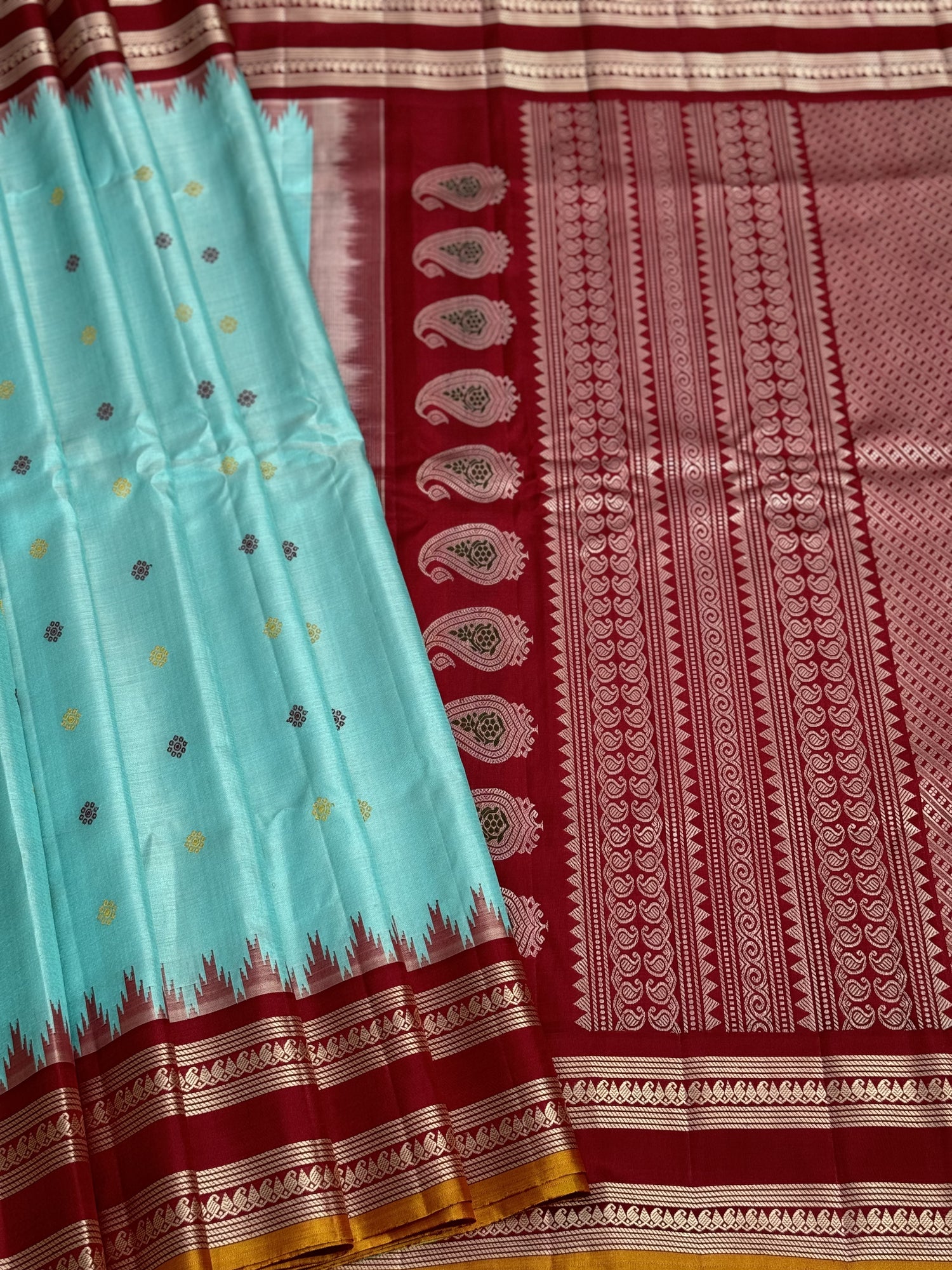 APURVA - Handwoven Threadwork Gadwal silk saree in shagreen with deep red