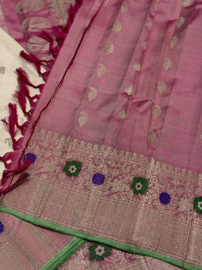 APURVA - Handwoven Threadwork Gadwal silk saree in pearl white with dusty rose pink