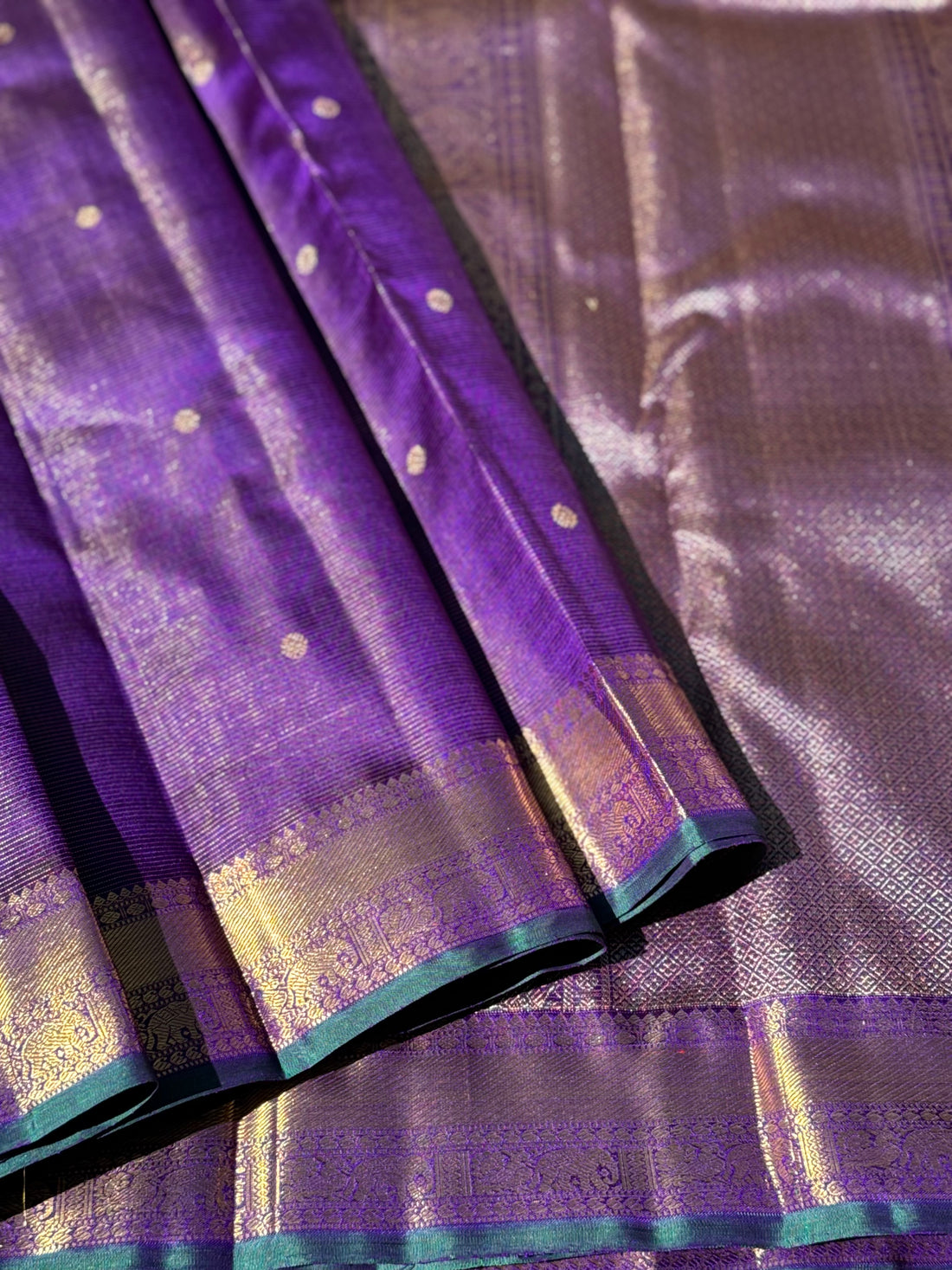 Gorgeous Purple Blue with green Selvedge Vairaoosi Kanchivaram Silk