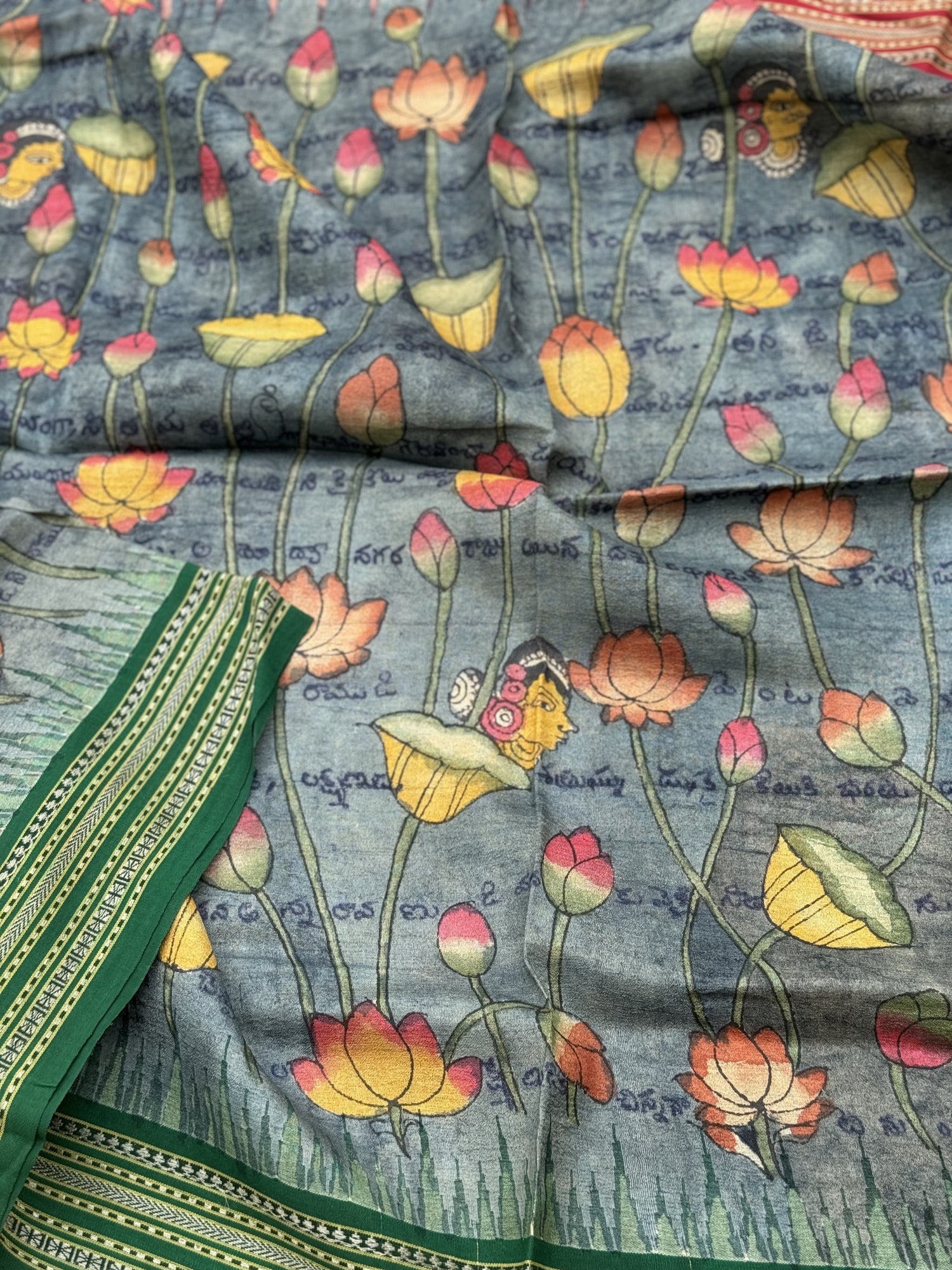 Handdrawn Handpainted Penkalamkari Dupatta on Karvati Kinar Tussar silk