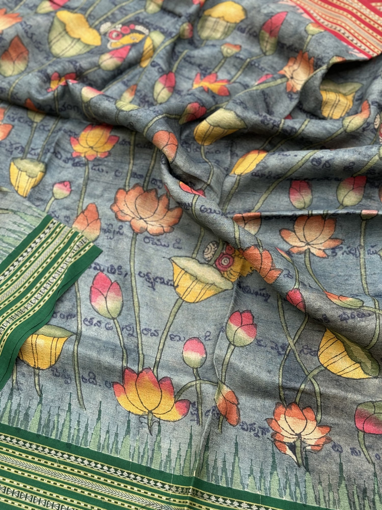 Handdrawn Handpainted Penkalamkari Dupatta on Karvati Kinar Tussar silk