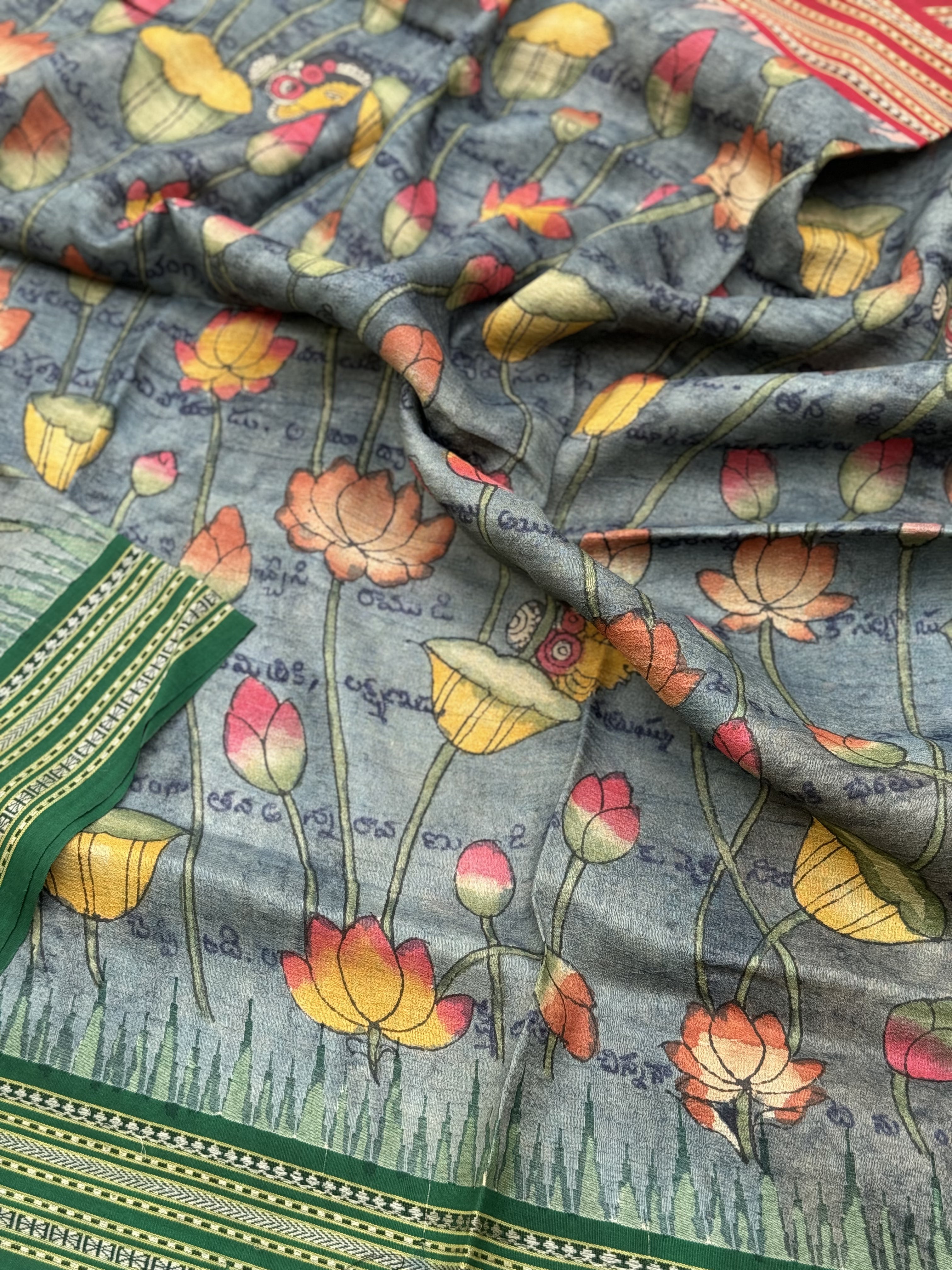 Handdrawn Handpainted Penkalamkari Dupatta on Karvati Kinar Tussar silk