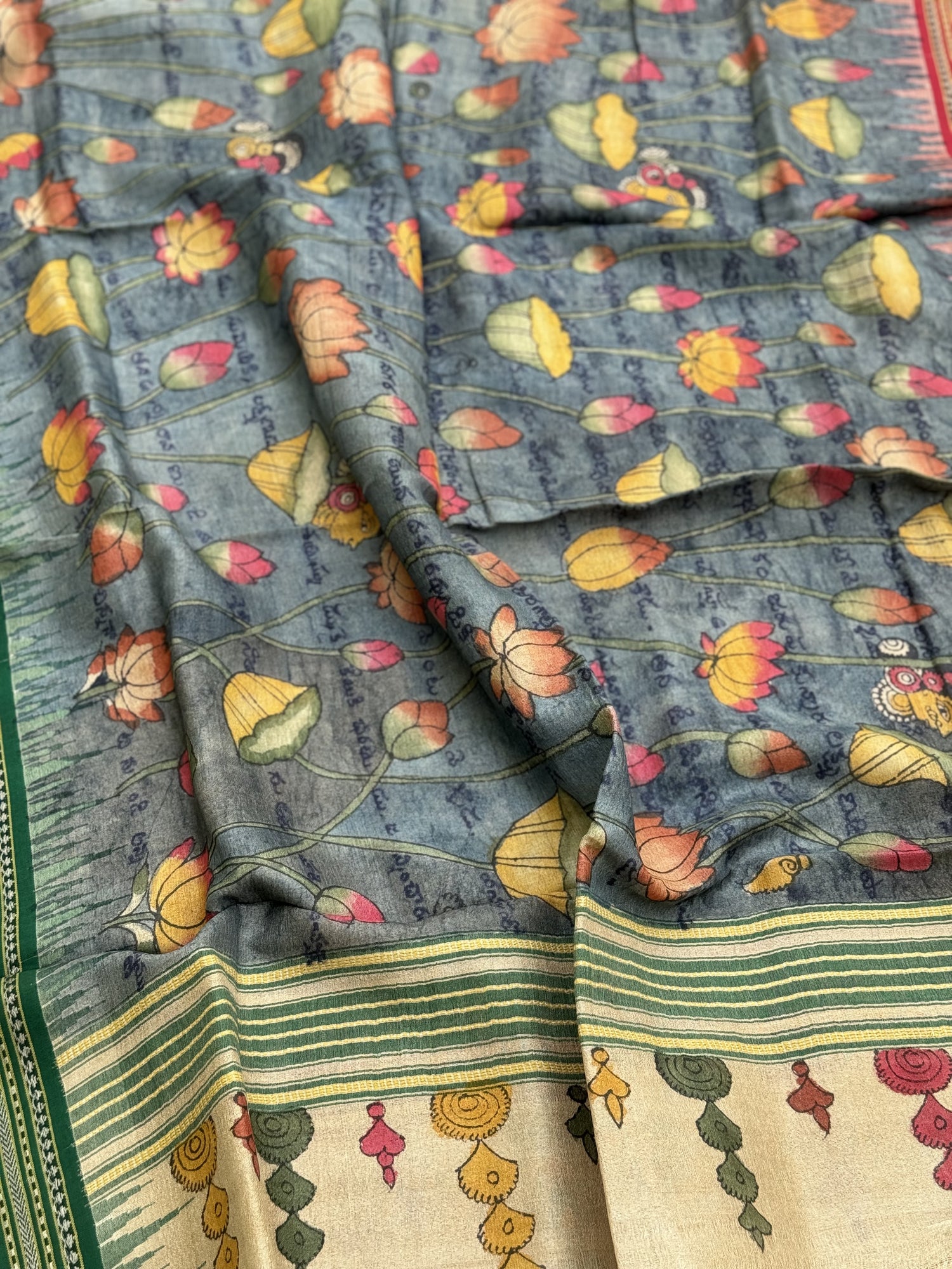 Handdrawn Handpainted Penkalamkari Dupatta on Karvati Kinar Tussar silk