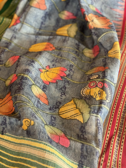 Handdrawn Handpainted Penkalamkari Dupatta on Karvati Kinar Tussar silk