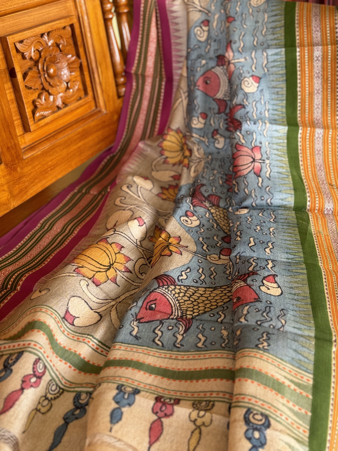 Handdrawn Handpainted Penkalamkari Dupatta on Karvati Kinar Tussar silk