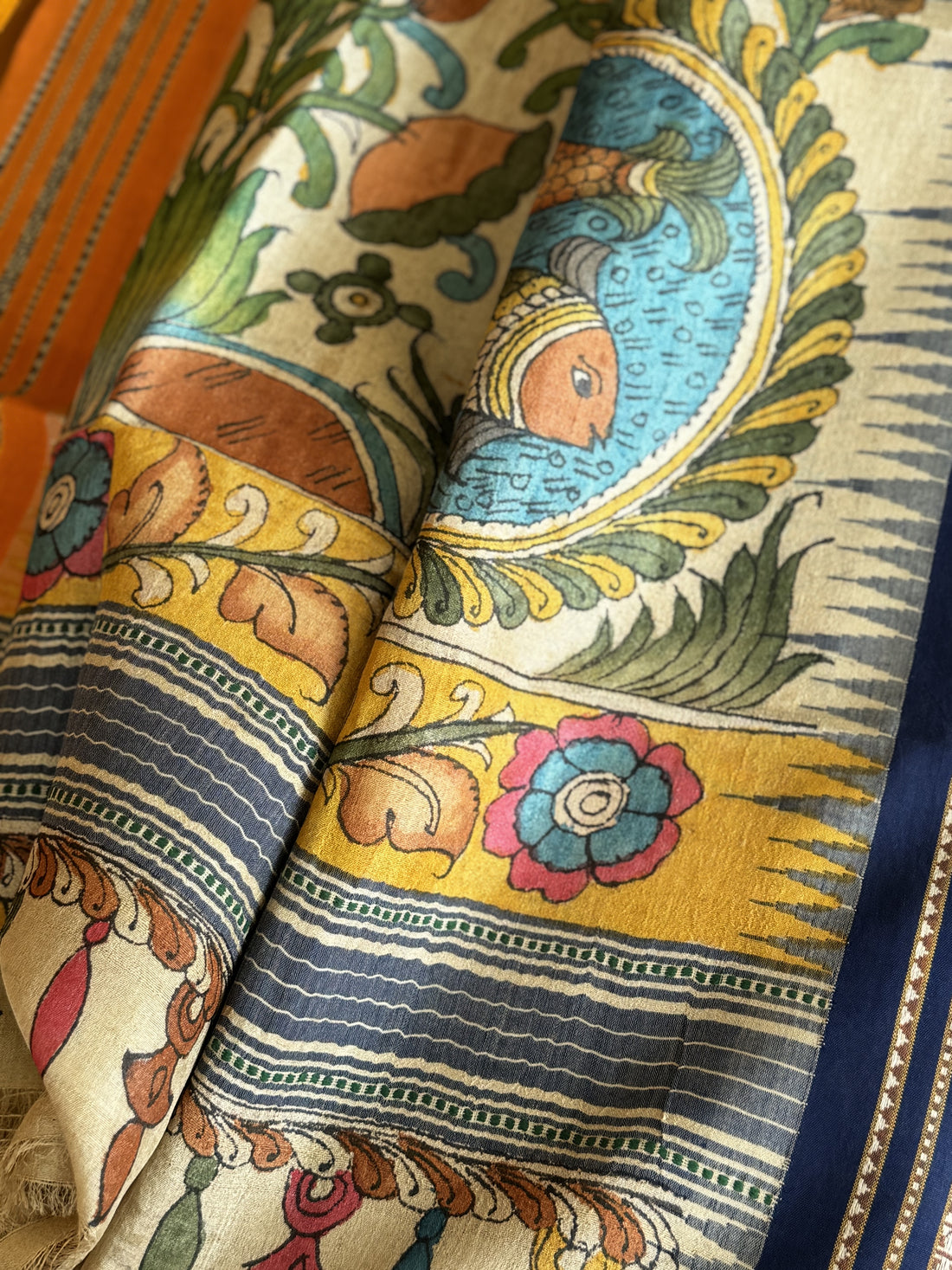 Handdrawn Handpainted Penkalamkari Dupatta on Karvati Kinar Tussar silk