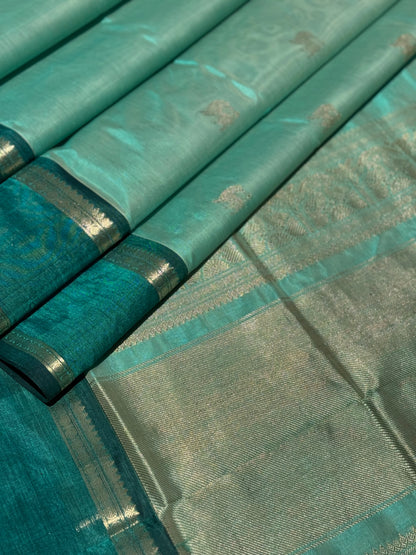 Reserved for Shash - A gorgeous seagreen with teal handwoven yali Kanchi silk cotton saree