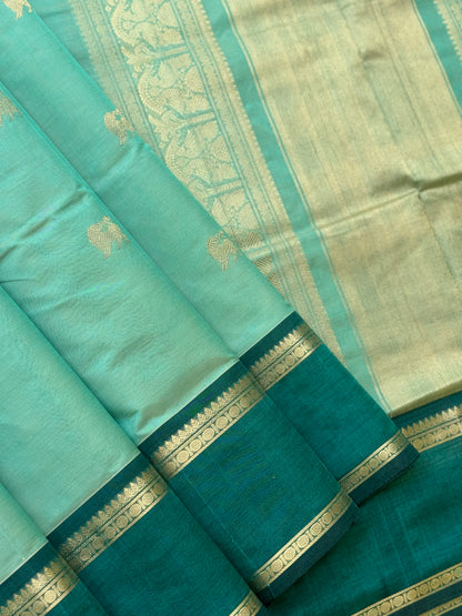 Reserved for Shash - A gorgeous seagreen with teal handwoven yali Kanchi silk cotton saree
