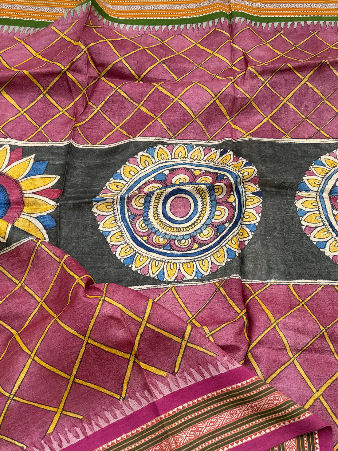 Handdrawn Handpainted Penkalamkari Dupatta on Karvati Kinar Tussar silk