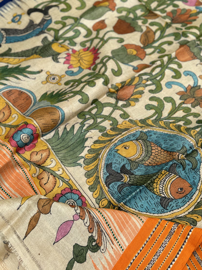 Handdrawn Handpainted Penkalamkari Dupatta on Karvati Kinar Tussar silk