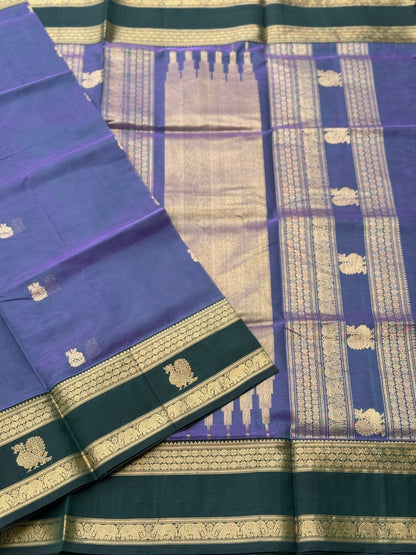 A gorgeous lavender with bottlegreen handwoven horsemotifs  Kanchi silk cotton saree