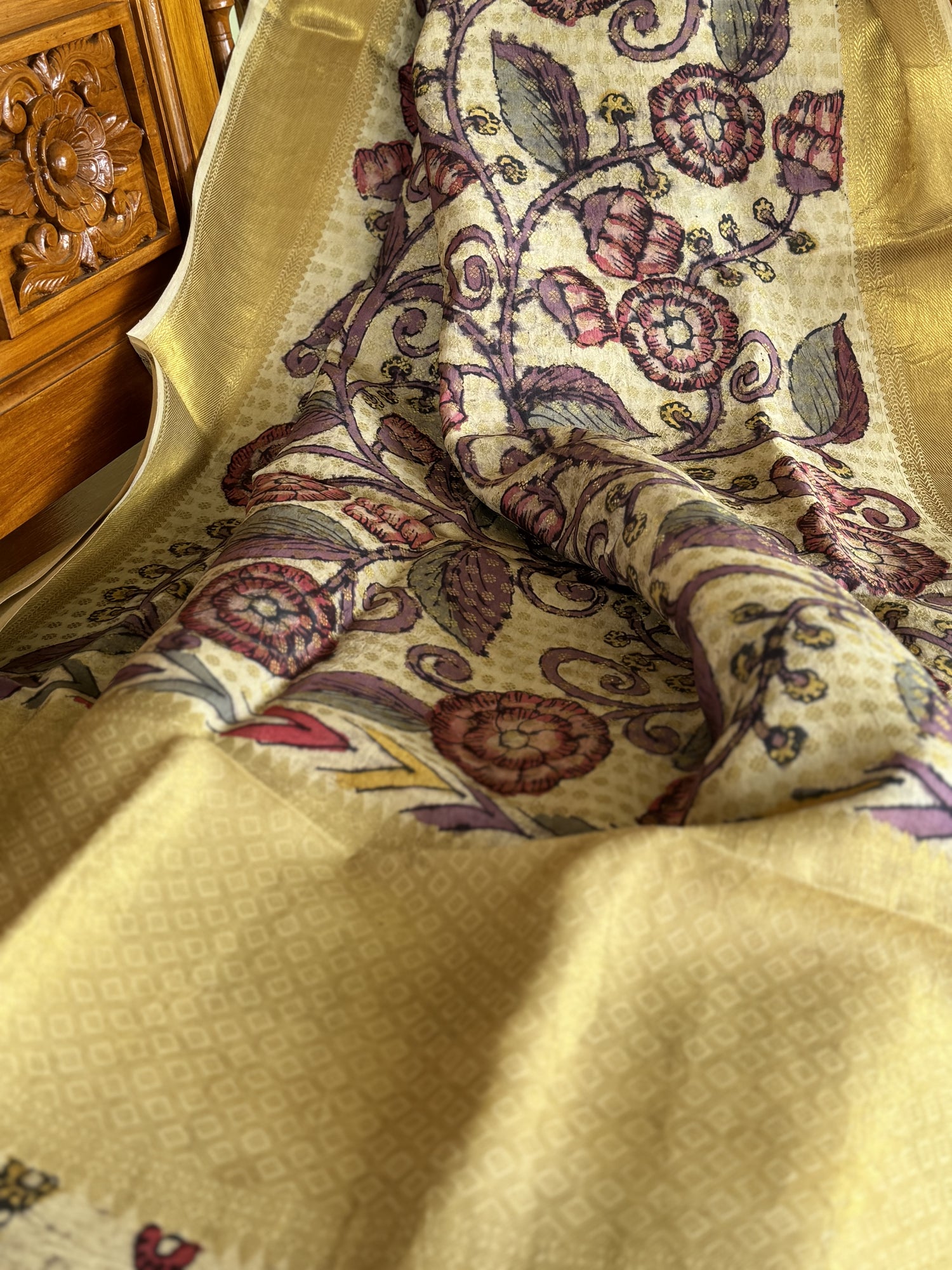 Handdrawn Handpainted Penkalamkari Dupatta on Brocade kanchivaram silk