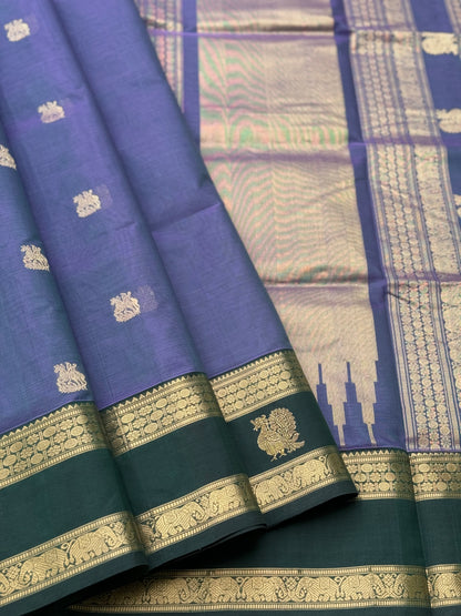 A gorgeous lavender with bottlegreen handwoven horsemotifs  Kanchi silk cotton saree