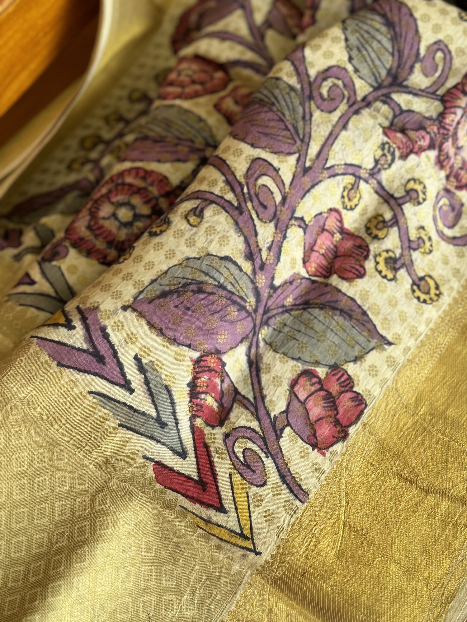 Handdrawn Handpainted Penkalamkari Dupatta on Brocade kanchivaram silk