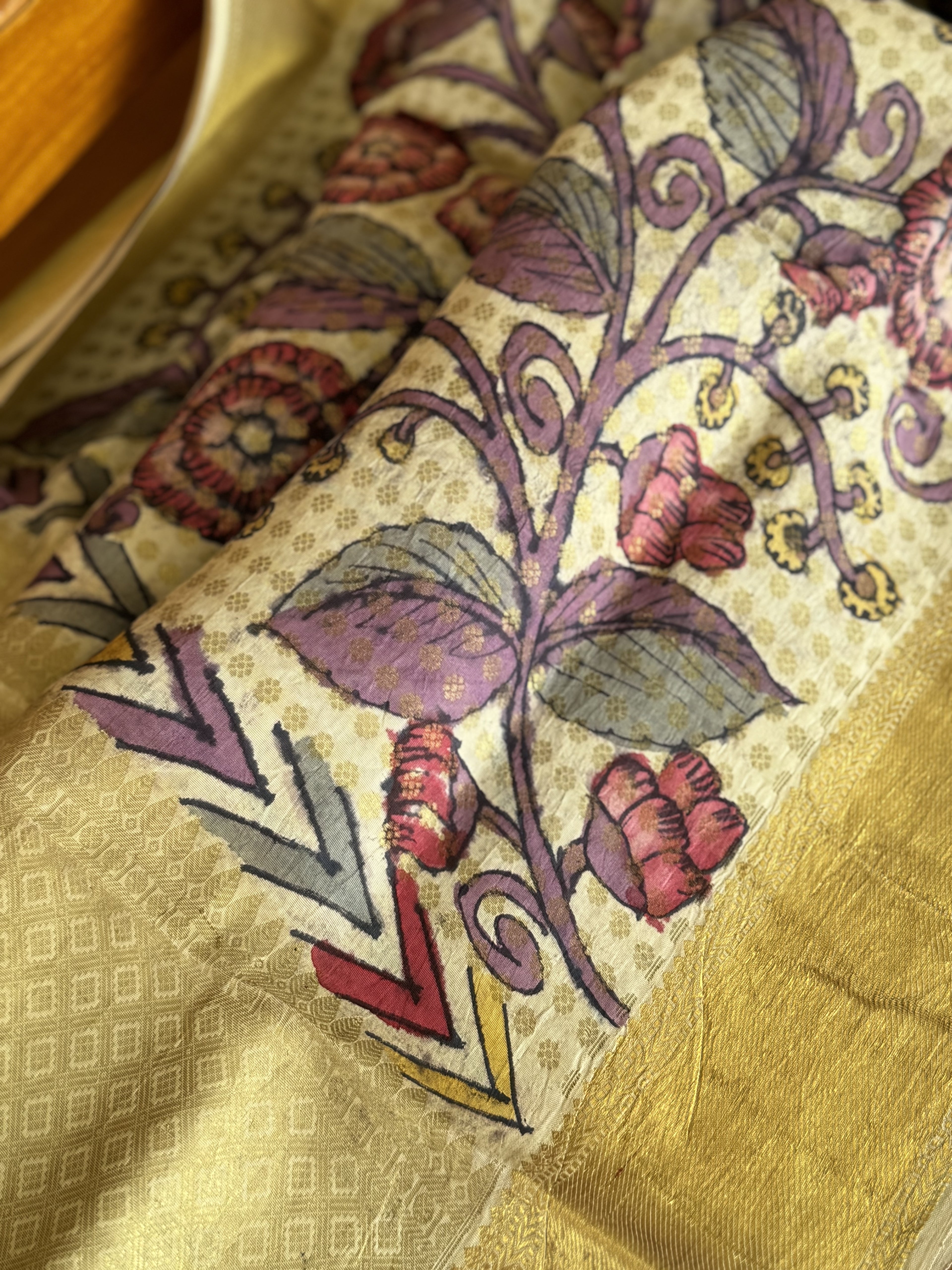 Handdrawn Handpainted Penkalamkari Dupatta on Brocade kanchivaram silk