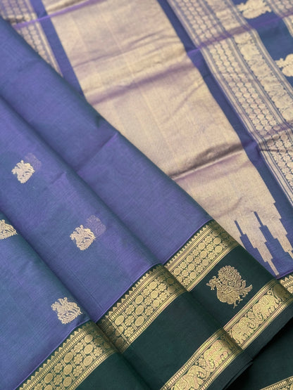 A gorgeous lavender with bottlegreen handwoven horsemotifs  Kanchi silk cotton saree