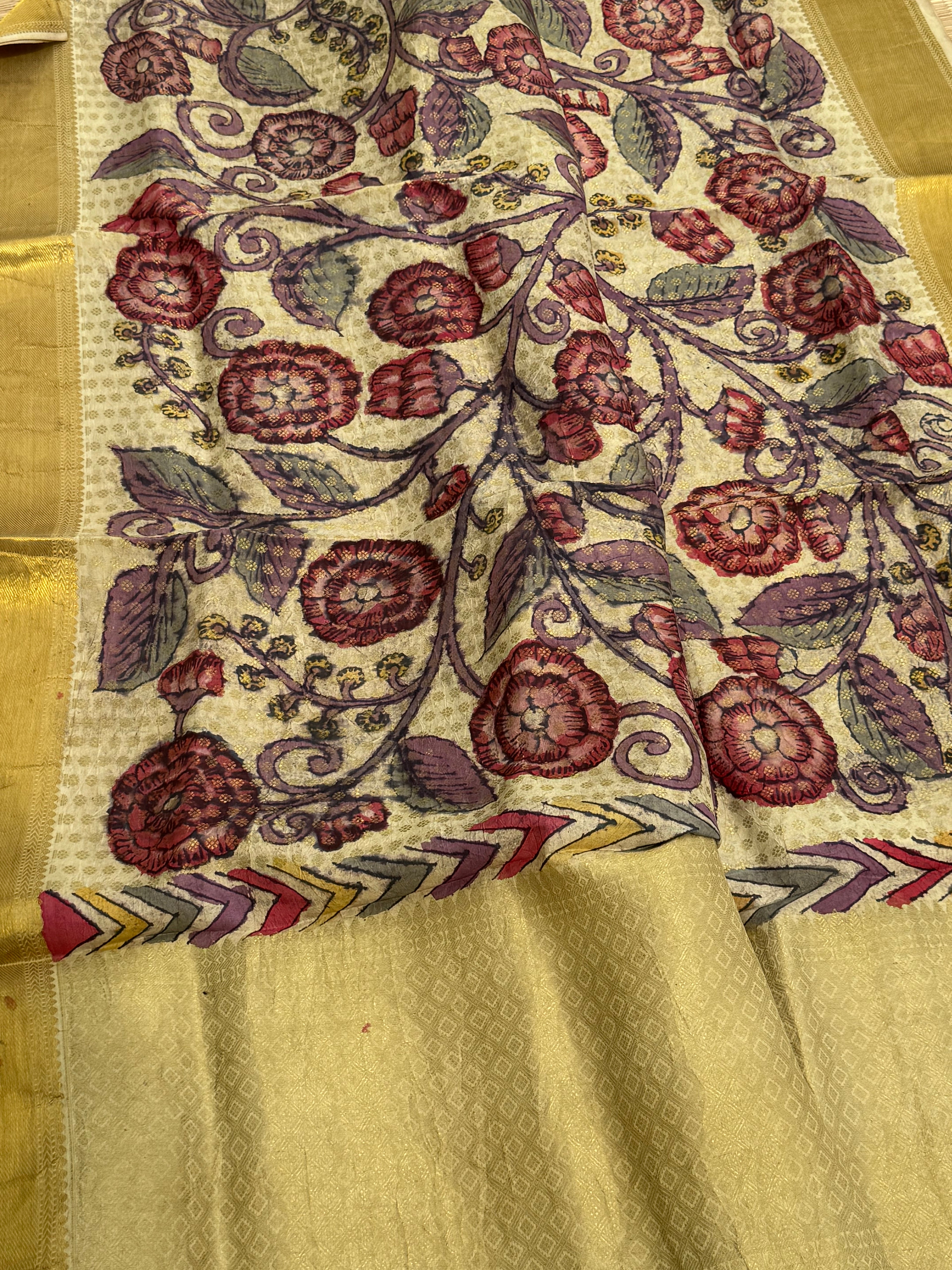 Handdrawn Handpainted Penkalamkari Dupatta on Brocade kanchivaram silk