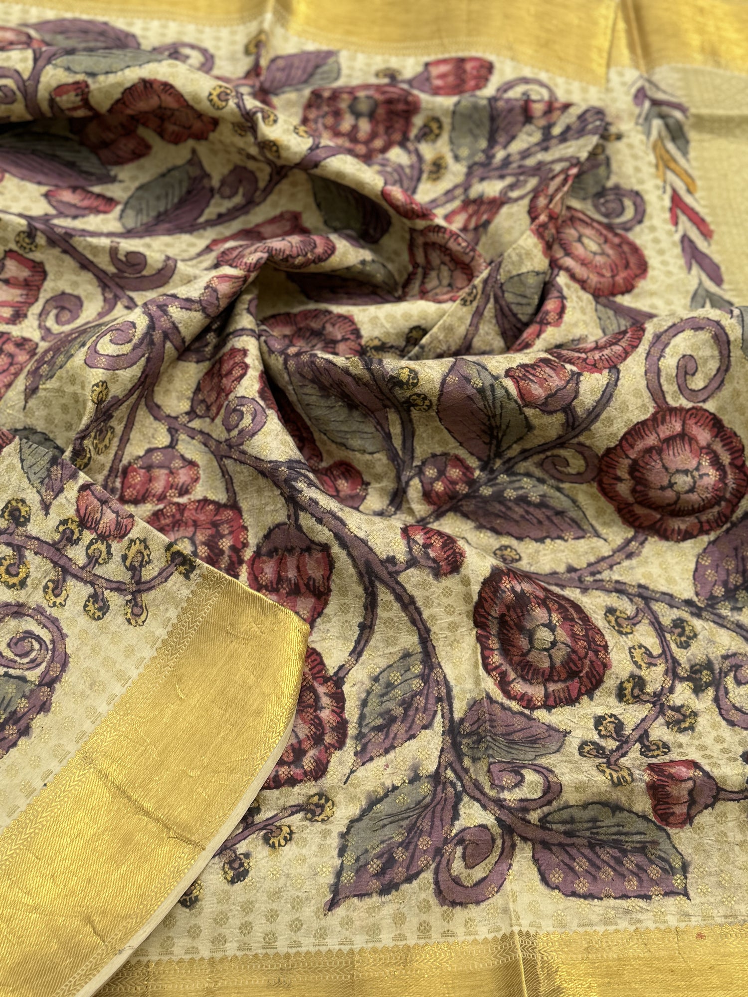 Handdrawn Handpainted Penkalamkari Dupatta on Brocade kanchivaram silk