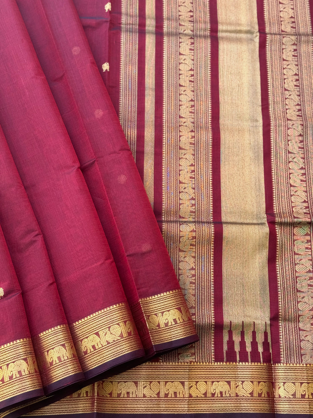 A beautiful burgundy shade kanchi silk cotton saree