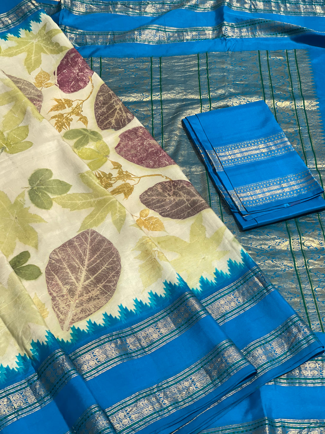 Handmade Ecoprints On Kanchivaram Korvai Silk saree