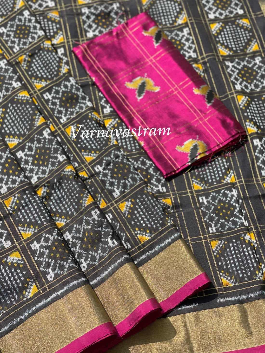 A Black Revival Vintage Silk ikkat Saree with zari checks