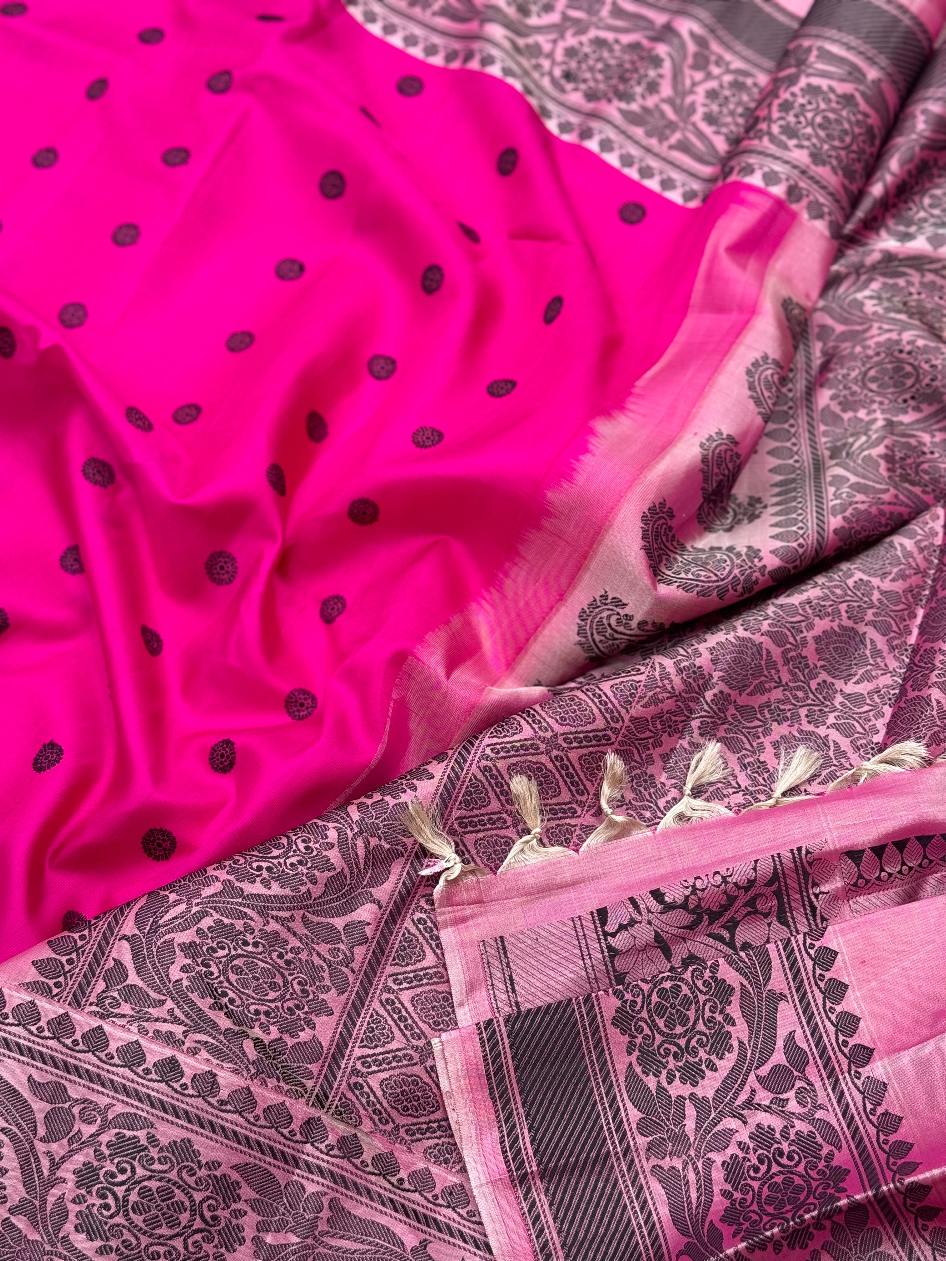 Fuchsia pink Gadwal silk saree with complete threadwork