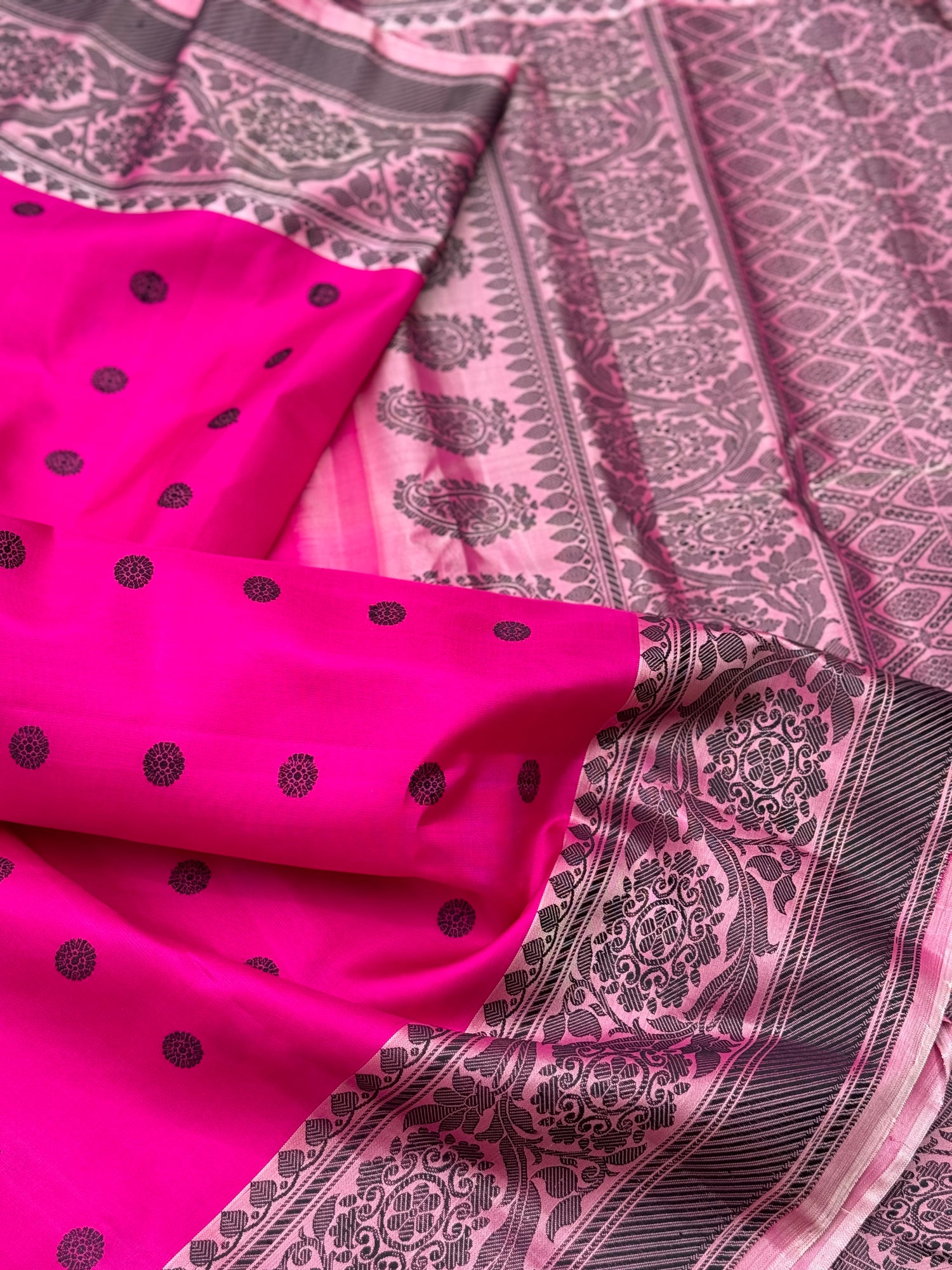 Fuchsia pink Gadwal silk saree with complete threadwork