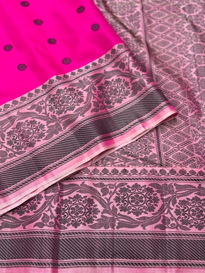 Fuchsia pink Gadwal silk saree with complete threadwork