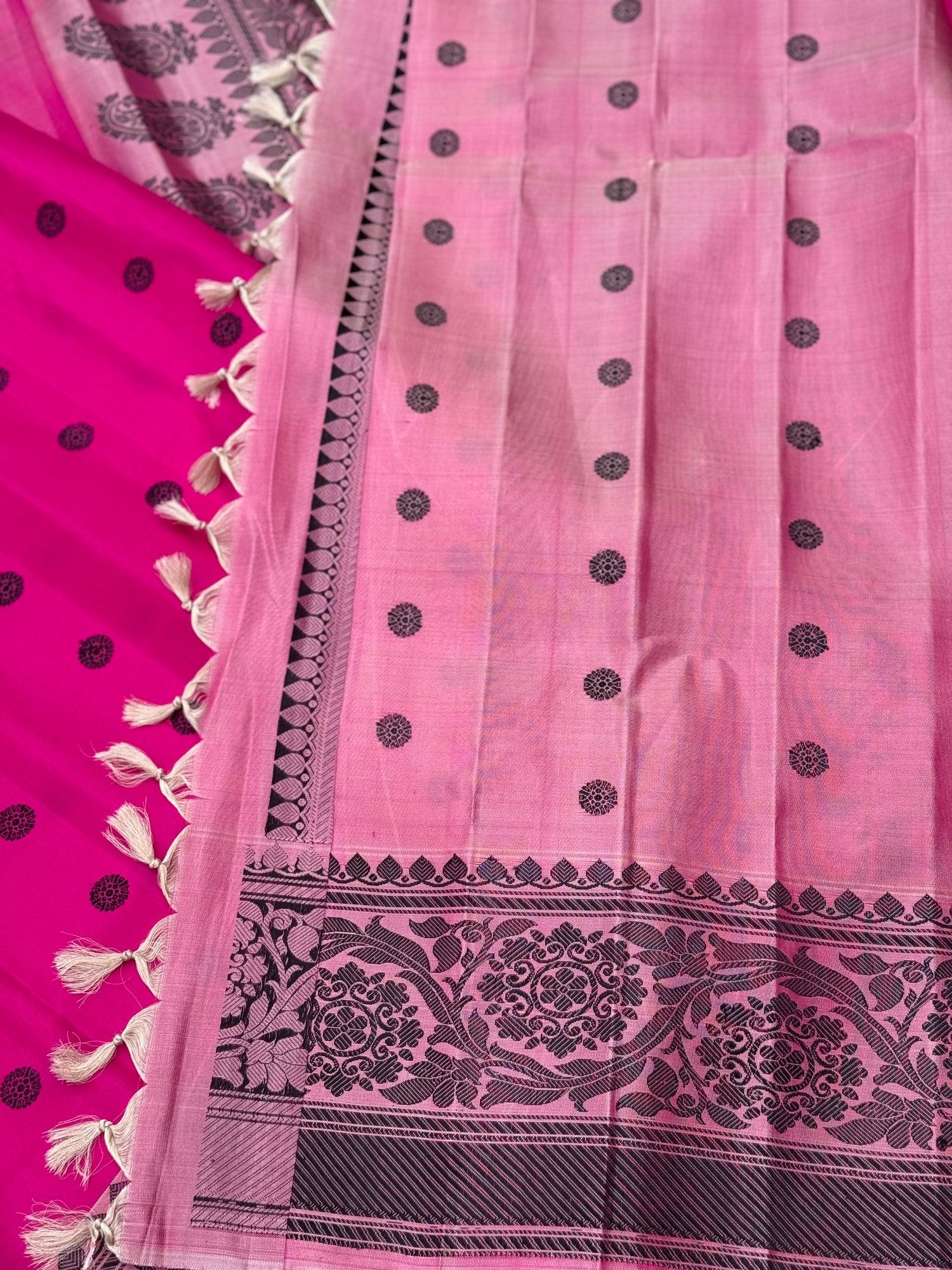 Fuchsia pink Gadwal silk saree with complete threadwork