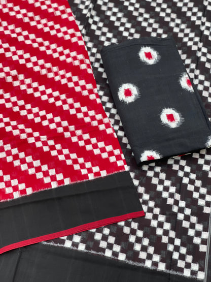 Double Ikkat cotton saree in Red and Black rhombus pattern