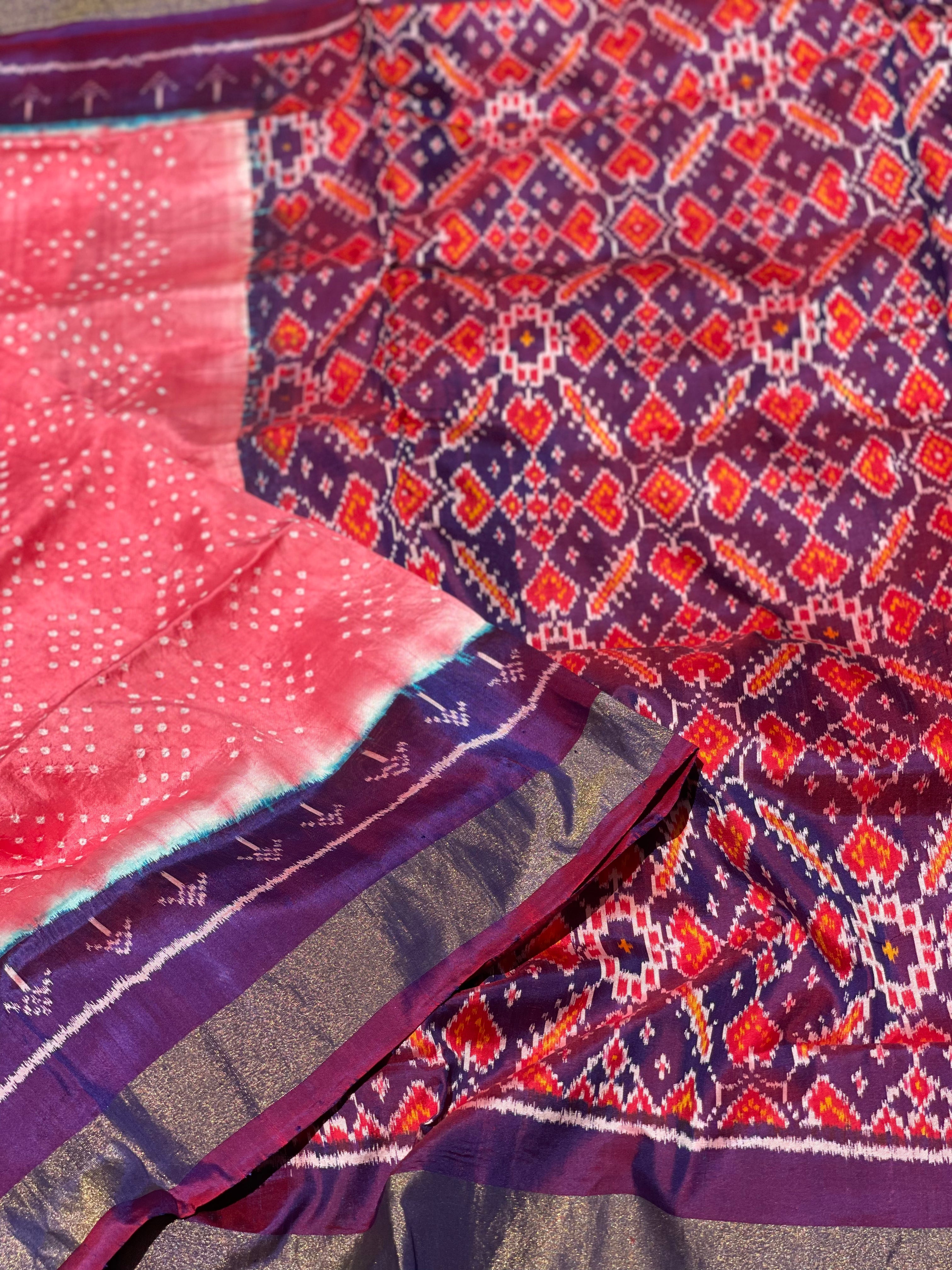 Salmon Pink Hand knotted Bandhej on Pochampally ikkat silk