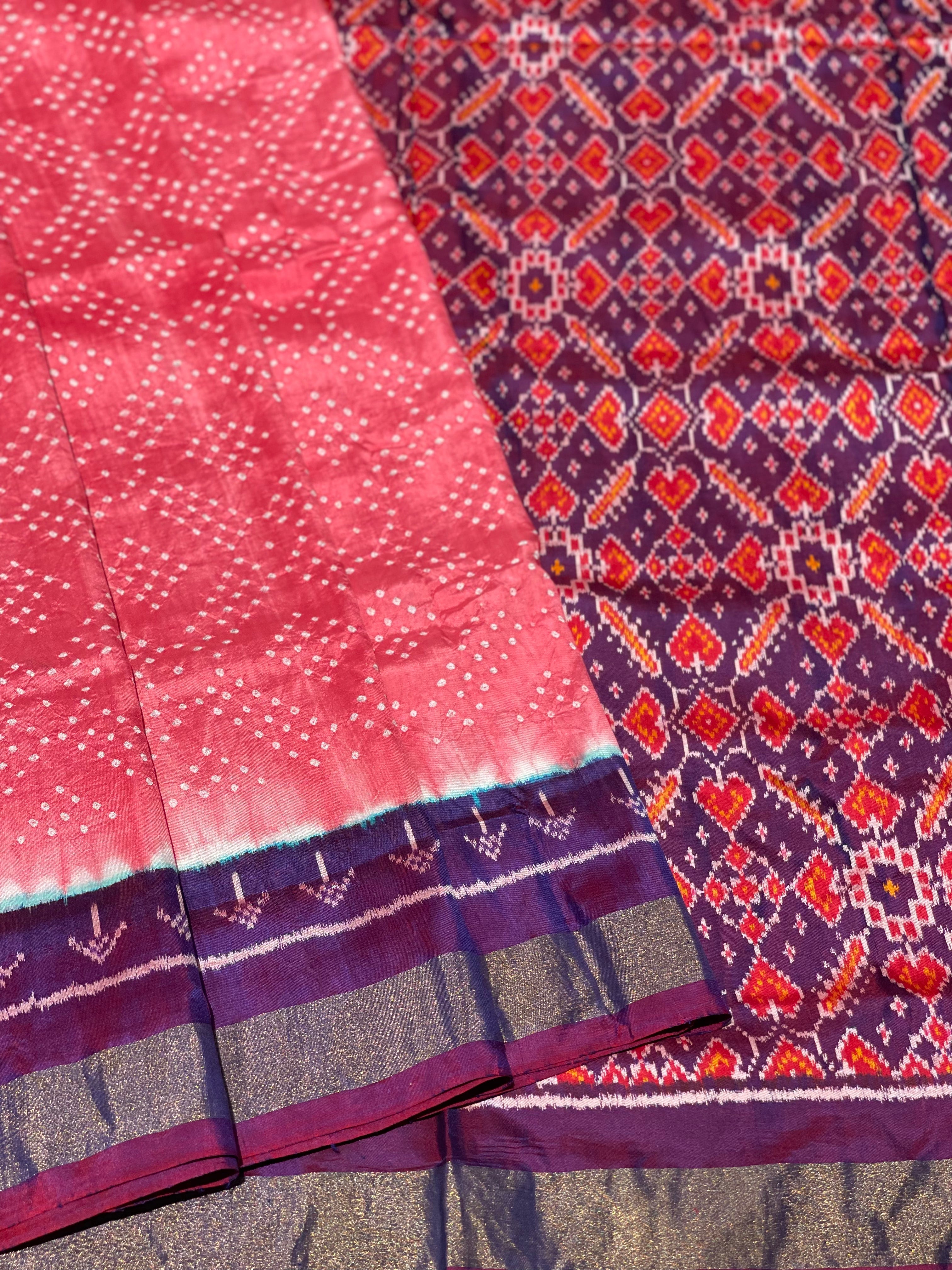 Salmon Pink Hand knotted Bandhej on Pochampally ikkat silk