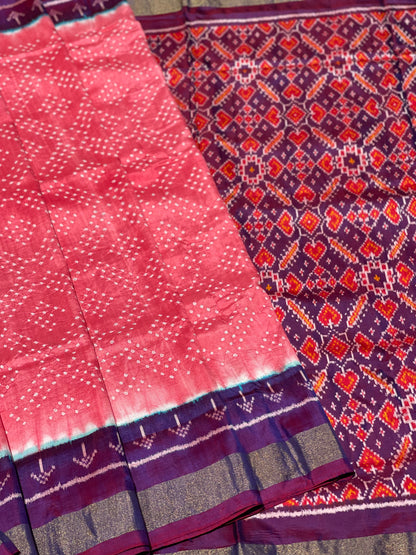 Salmon Pink Hand knotted Bandhej on Pochampally ikkat silk