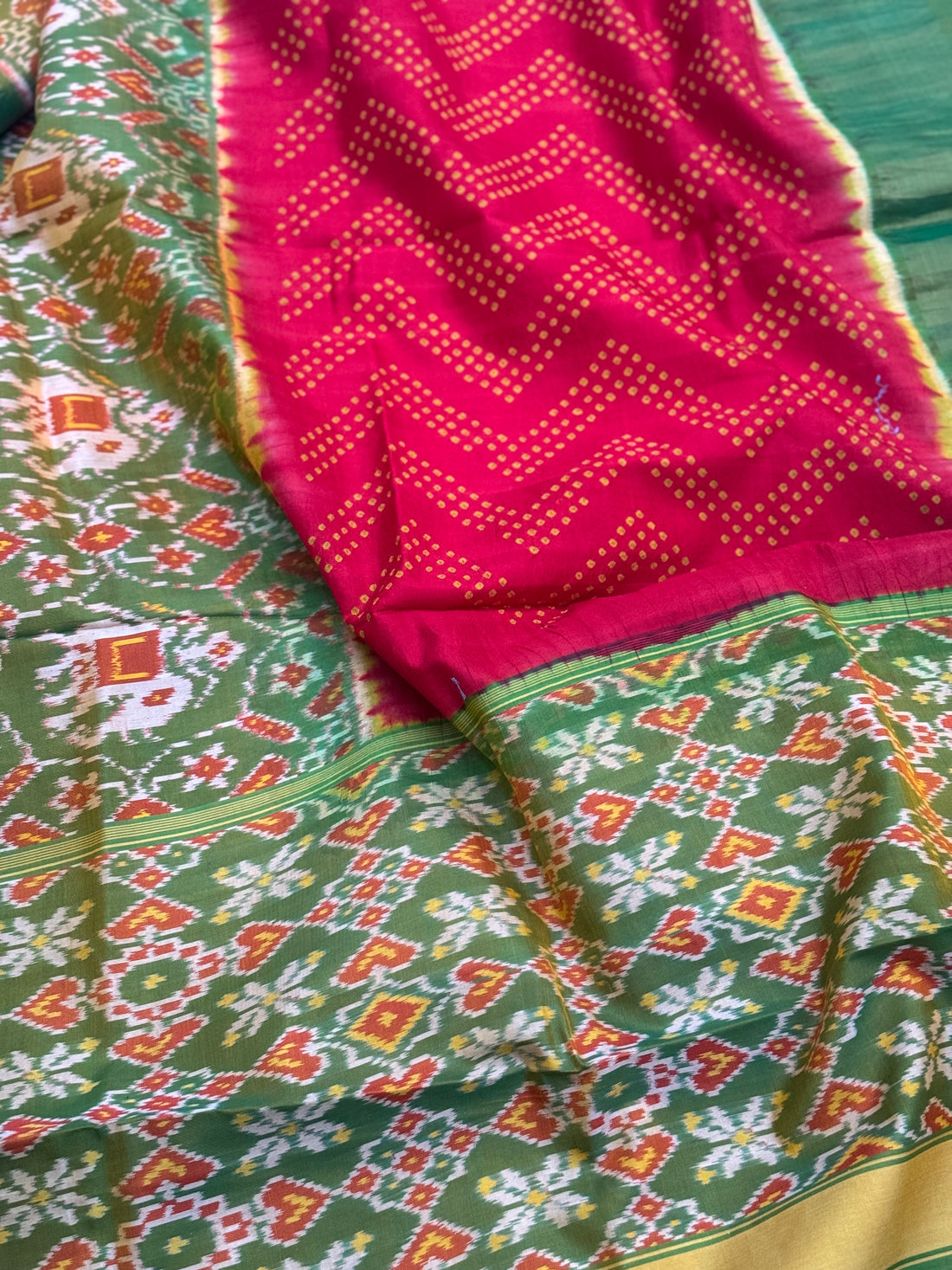 Tie and dye Rai Bhandej ikkat Patola silk saree in red with moss Green