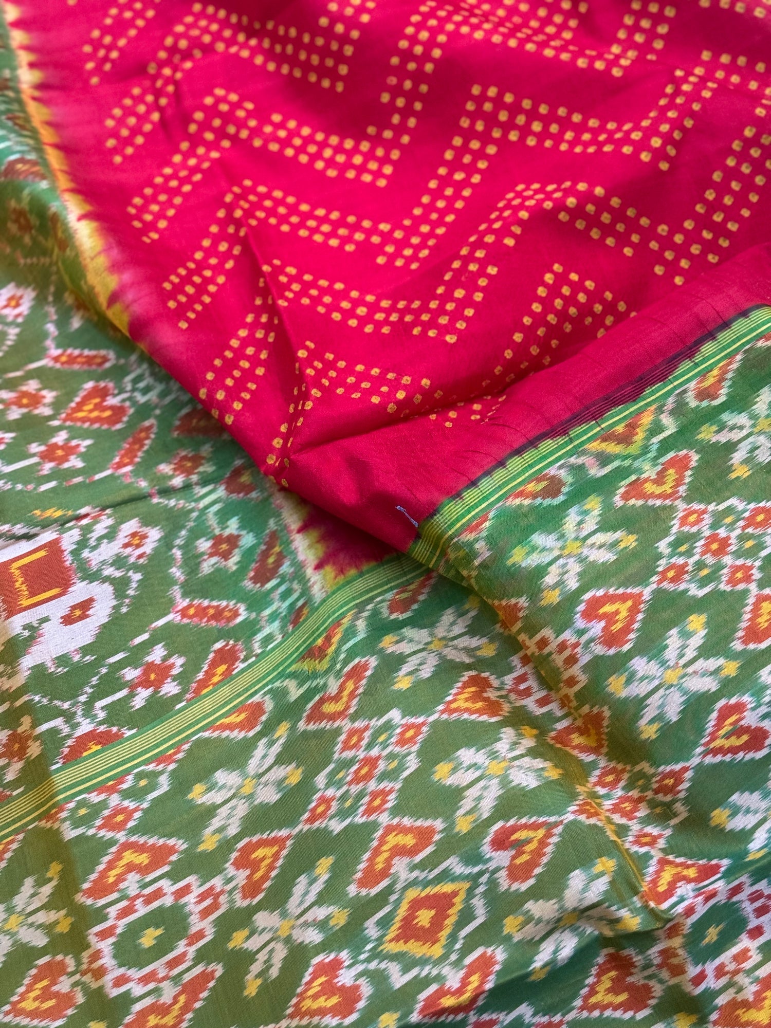 Tie and dye  Rai Bhandej  ikkat Patola silk saree in red with moss Green