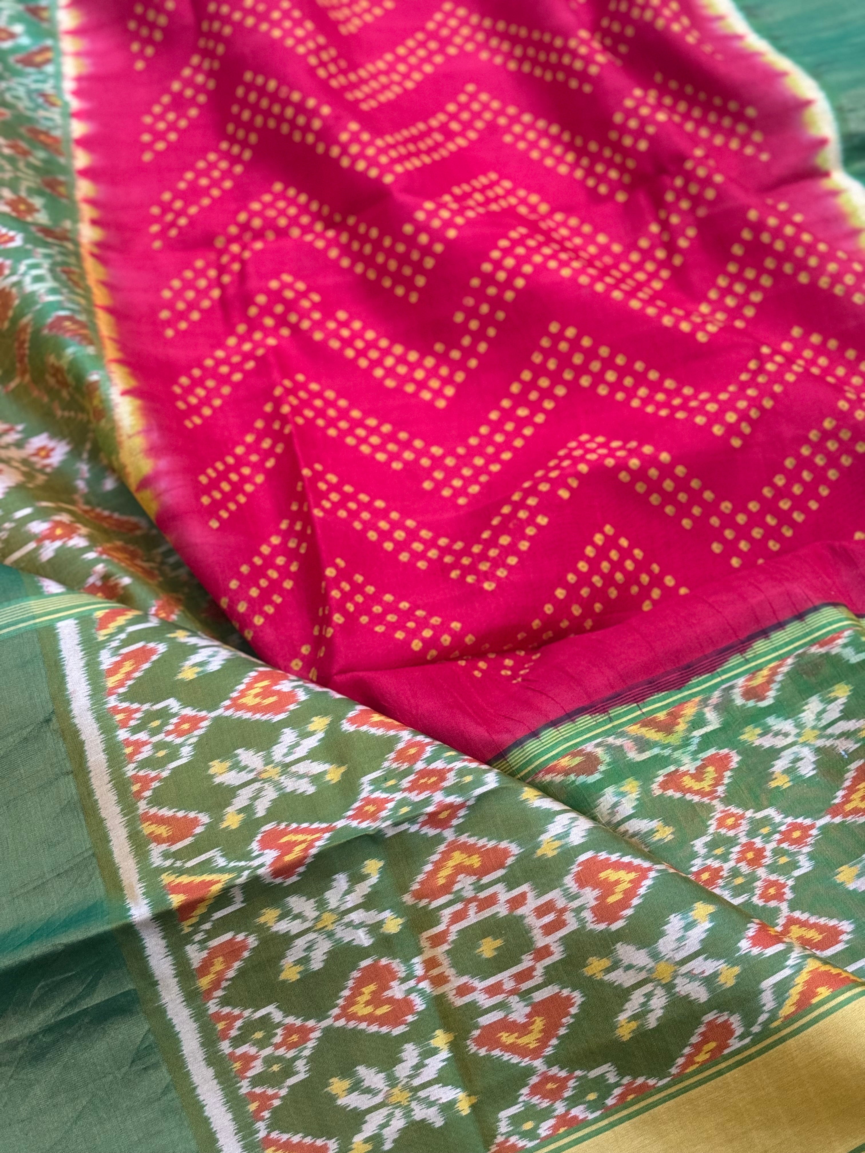 Tie and dye  Rai Bhandej  ikkat Patola silk saree in red with moss Green