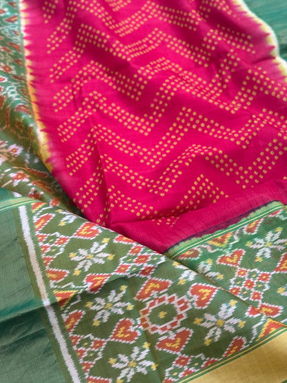 Tie and dye  Rai Bhandej  ikkat Patola silk saree in red with moss Green