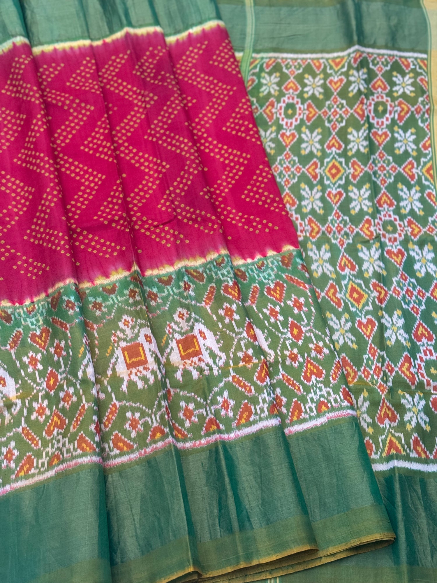 Tie and dye  Rai Bhandej  ikkat Patola silk saree in red with moss Green