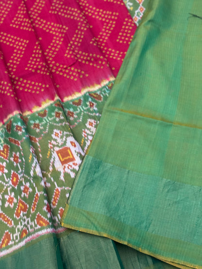 Tie and dye  Rai Bhandej  ikkat Patola silk saree in red with moss Green