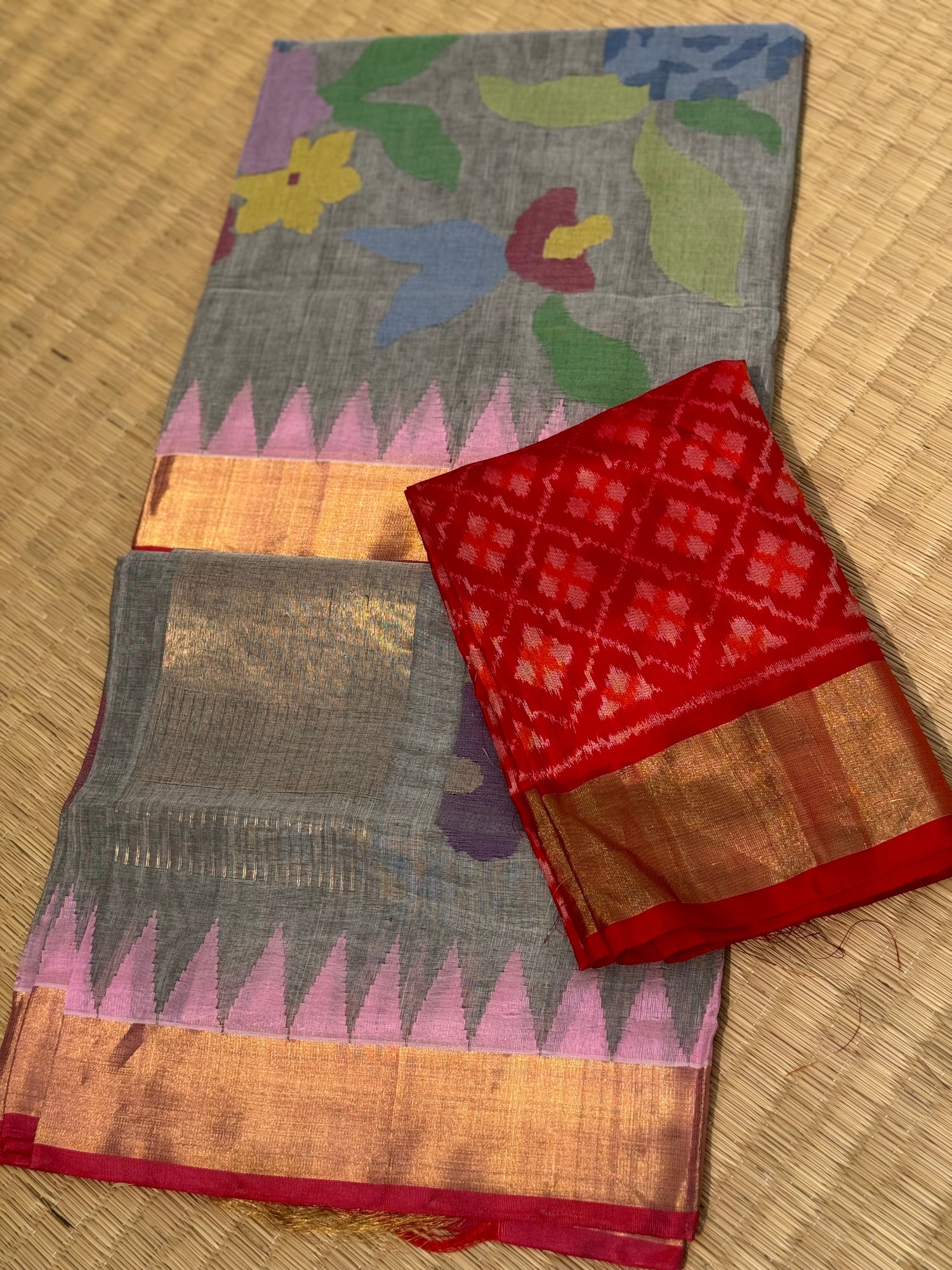 Grey with red Handspun Ponduru Khadi cotton saree pallu and blouse full jaal jamdani saree