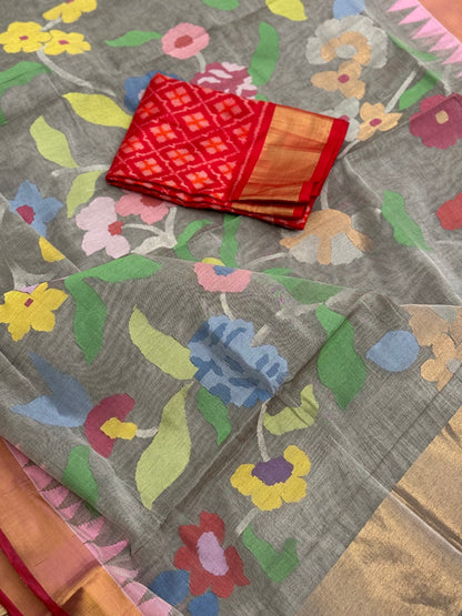 Grey with red Handspun Ponduru Khadi cotton saree pallu and blouse full jaal jamdani saree