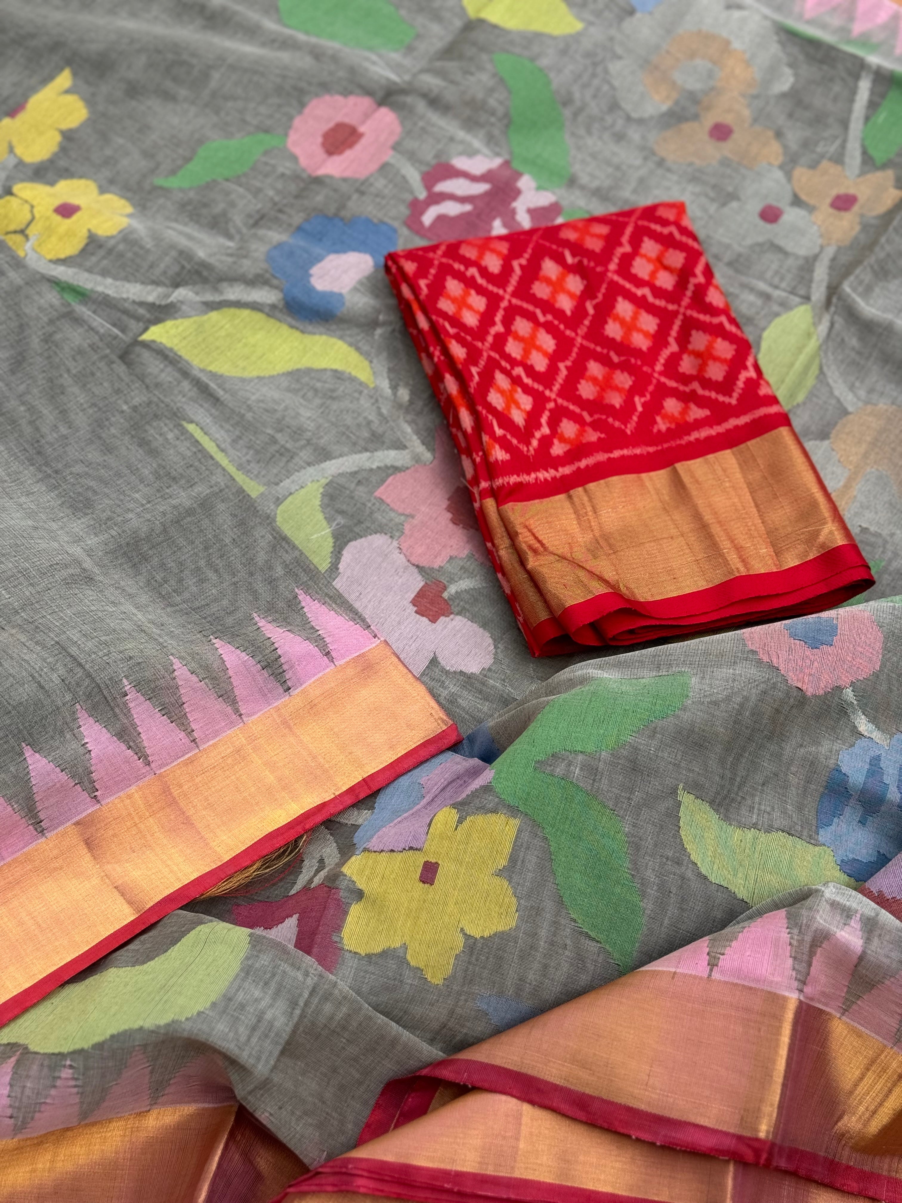 Grey with red Handspun Ponduru Khadi cotton saree pallu and blouse full jaal jamdani saree