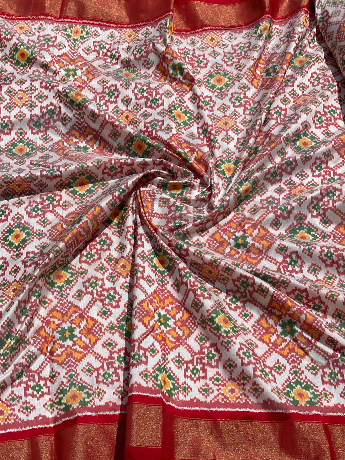 Pure Mulberry Silk Offwhite Patola Inspired Navrathan Tie dyed Ikkat Yardage