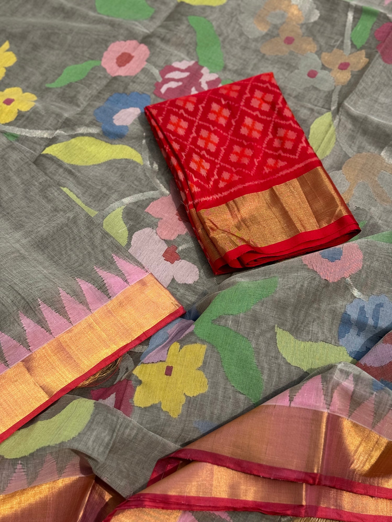 Grey with red Handspun Ponduru Khadi cotton saree pallu and blouse full jaal jamdani saree