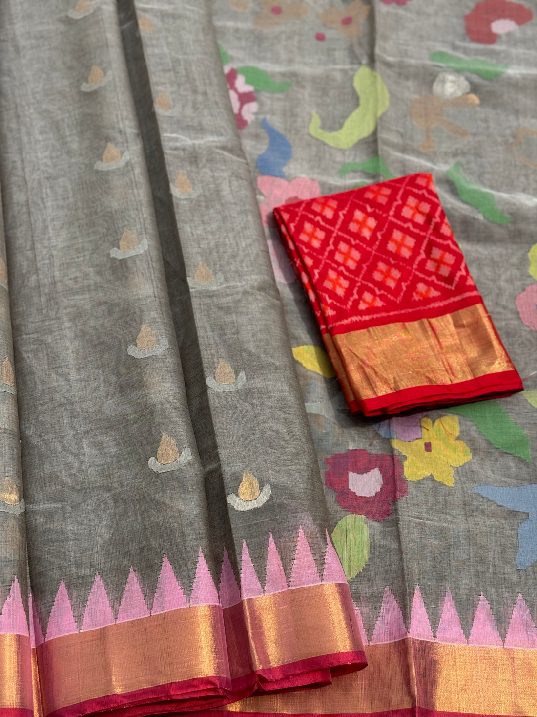 Grey with red Handspun Ponduru Khadi cotton saree pallu and blouse full jaal jamdani saree