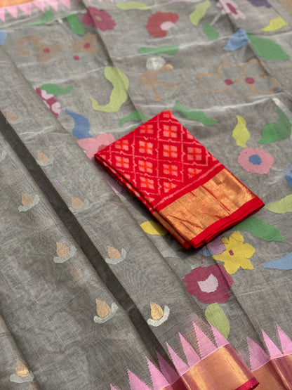 Grey with red Handspun Ponduru Khadi cotton saree pallu and blouse full jaal jamdani saree